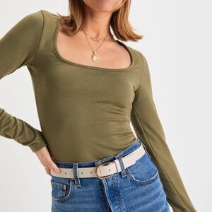 Lulus Olive Square Neck Long Sleeve Tee